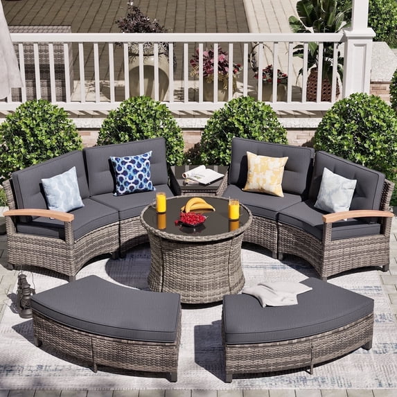 MEISSALIVVE 8 Piece Outdoor Patio Furniture Set, Half-Moon Curved Rattan Conversation Set with Wood Armrests, 2 Ottoman, Round Table & Side Table(Gray)