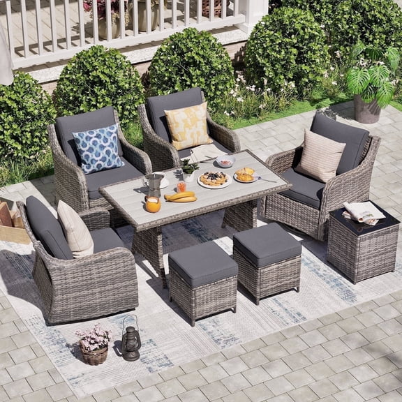 MEISSALIVVE 8 Pieces Outdoor Patio Furniture Set, Wicker Sectional Furniture Set with Dining Table,2 Swivel Chair & 2 Single Chair, 2 Ottomans (Gray)