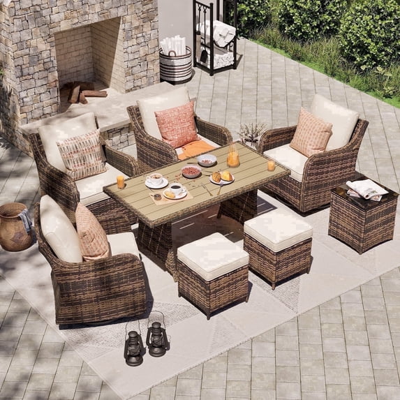 MEISSALIVVE 8 Pieces Patio Furniture Set with Dining Table, Outdoor Wicker Conversation Set with Swivel & Fixed Chairs, Wicker Armrest, 2 Ottomans, Beige