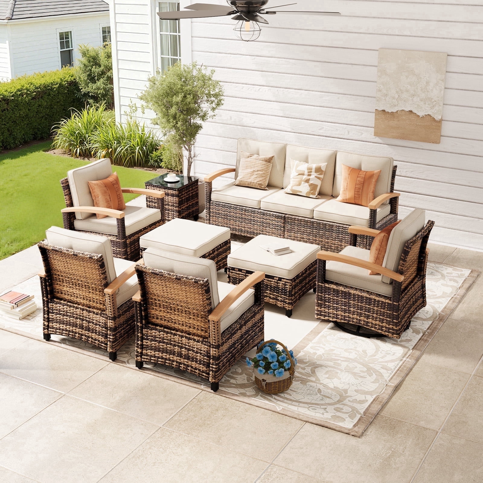 MEISSALIVVE 8 Pieces Outdoor Patio Furniture Sets, Wicker Patio Conversation Sets with 2 Wood Armrests Swivel Glide Chairs,2 Single Chairs, 3-seat Sofa and Coffee Table(Beige)
