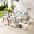 thumbnail image 1 of MEISSALIVVE 8 Pieces Outdoor Patio Furniture Sets, Wicker Patio Conversation Sets with 2 Wood Armrests Swivel Glide Chairs,2 Single Chairs, 3-seat Sofa and Coffee Table(Blue), 1 of 9