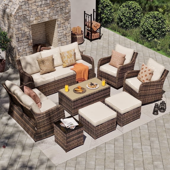 MEISSALIVVE 8 Pieces Patio Furniture Set, Rattan Sectional Set with Swivel Rocking Chairs, Outdoor Wicker Sofa Couch with Waterproof Cushions (Brown)