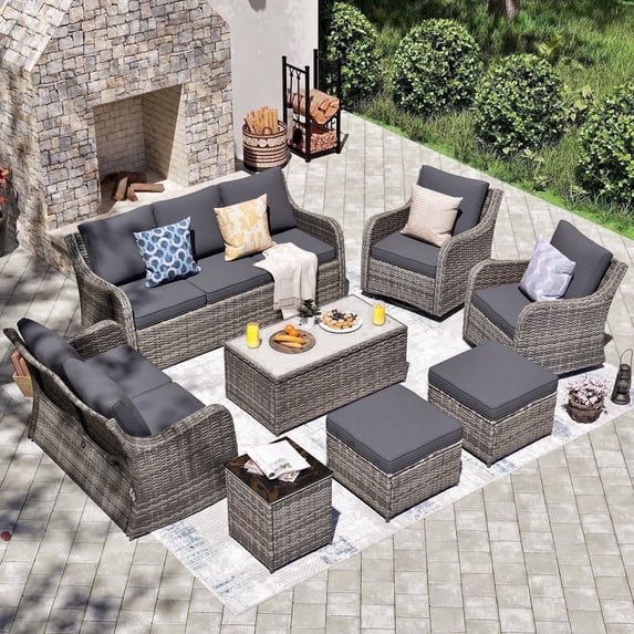 MEISSALIVVE 8 Pieces Patio Furniture Set, Rattan Sectional Set with Swivel Rocking Chairs, Outdoor Wicker Sofa Couch with Waterproof Cushions (Gray)