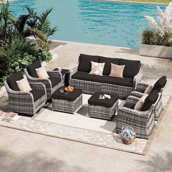 MEISSALIVVE 8 Pieces Patio Furniture Set with Swivel Chair, Wicker Patio Sofa, Rattan Conversation Set with Three-seat sofa, 2 Fixed Single Chair for Lawn Backyard (Black)