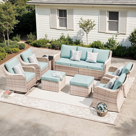 MEISSALIVVE 8 Pieces Patio Furniture Set with Swivel Chair, Wicker Patio Sofa, Rattan Conversation Set with Three-seat sofa, 2 Fixed Single Chair for Lawn Backyard (Blue)
