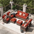 thumbnail image 1 of MEISSALIVVE 8 Pieces Patio Furniture Set with Swivel Chair, Wicker Patio Sofa, Rattan Conversation Set with Three-seat sofa, 2 Fixed Single Chair for Lawn Backyard (Red), 1 of 9