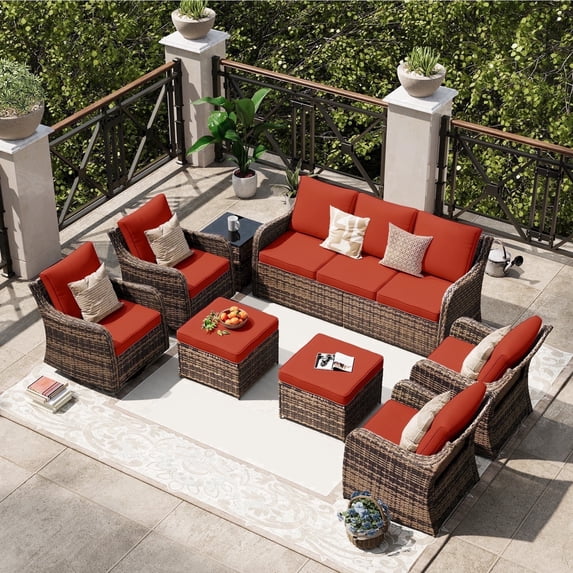 MEISSALIVVE 8 Pieces Patio Furniture Set with Swivel Chair, Wicker Patio Sofa, Rattan Conversation Set with Three-seat sofa, 2 Fixed Single Chair for Lawn Backyard (Red)