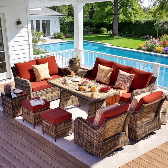 MEISSALIVVE 8 Pieces Patio Furniture Set with Swivel Rocking Chairs, Patio Conversation Set with Dining Table, Patio Dining Set with Waterproof Cushions for Lawn Backyard Porch (Red)