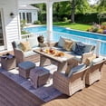 thumbnail image 1 of MEISSALIVVE 8 Pieces Patio Furniture Set with Dining Table, Outdoor Wicker Conversation Set with 3-Seat & 2-Seat Sofas, Wicker Armrest Swivel Chairs, 2 Ottomans, Blue, 1 of 9