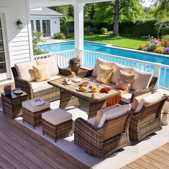 MEISSALIVVE 8 Pieces Patio Furniture Set with Dining Table, Outdoor Wicker Conversation Set with 3-Seat & 2-Seat Sofas, Wicker Armrest Swivel Chairs, 2 Ottomans, Beige