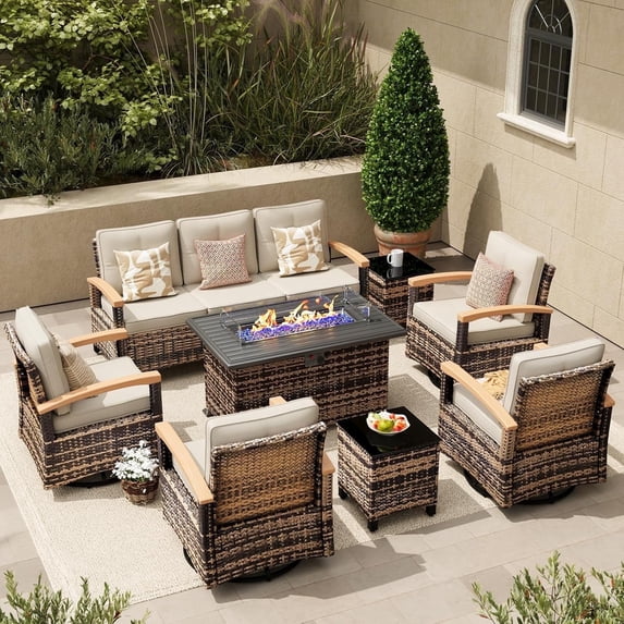 MEISSALIVVE 8 Pieces Patio Furniture Sets with Fire Pit Table, Wicker Outdoor Conversation Sets with 2 Swivel Rocker Chairs, 3-seat Sofa and Side Table(Brown)