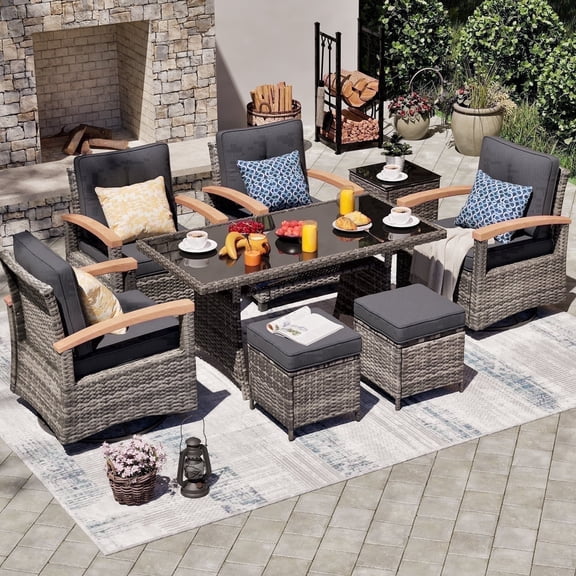 MEISSALIVVE 8 Pieces Patio Furniture Set with Dining Table, Outdoor Wicker Conversation Set with Swivel & Fixed Chairs, Wood Armrest, 2 Ottomans, Gray