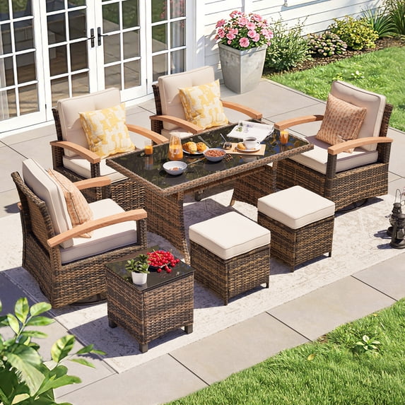 MEISSALIVVE 8 Pieces Patio Furniture Set with Dining Table, Outdoor Wicker Conversation Set with Swivel & Fixed Chairs, Wood Armrest, 2 Ottomans, Beige
