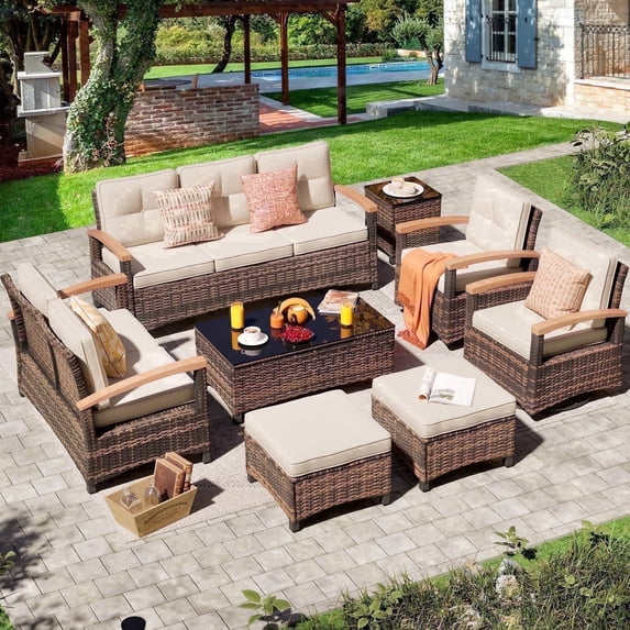 MEISSALIVVE 8 Pieces Patio Furniture Set, Outdoor Wicker Conversation Set with 2 Swivel Chairs, 2 Sofas, 2 Ottomans & Coffee Table, Beige