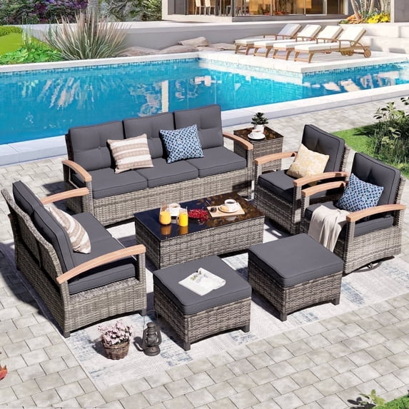 MEISSALIVVE 8 Pieces Patio Furniture Set, Outdoor Wicker Conversation Set with 2 Swivel Chairs, 2 Sofas, 2 Ottomans & Coffee Table, Gray