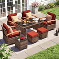 thumbnail image 1 of MEISSALIVVE 8 Pieces Patio Furniture Sets, PE Wicker Outdoor Conversation Sets with 2 Wood Armrests Swivel Rocker Chairs, 2 Fixed Single Chairs, 2 Ottomans and Dining Table(Red), 1 of 8
