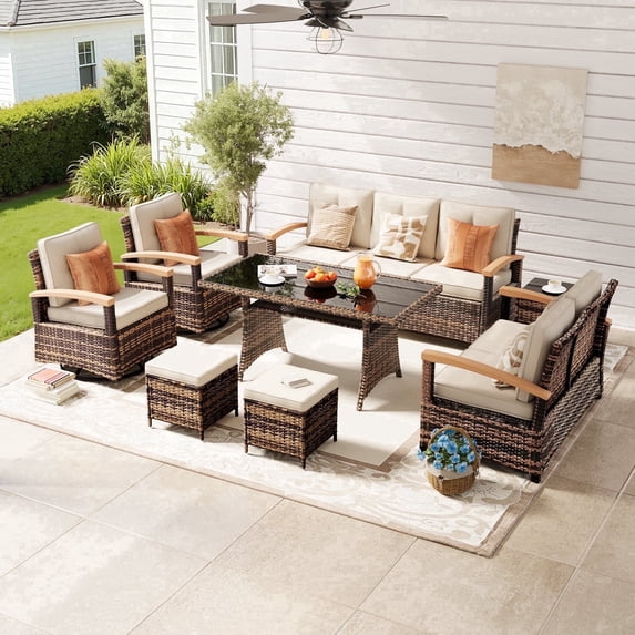 MEISSALIVVE 8 Pieces Patio Furniture Sets, PE Wicker Outdoor Conversation Sets with 2 Wood Armrests Swivel Rocker Chairs, 2 Ottomans, 2 Sofa and Dining Table (Beige)