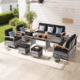 thumbnail image 1 of MEISSALIVVE 8 Pieces Patio Furniture Set with Dining Table, Outdoor Wicker Conversation Set with 3-Seat & 2-Seat Sofas, Wood Armrest Swivel Chairs, 2 Ottomans, Black, 1 of 10
