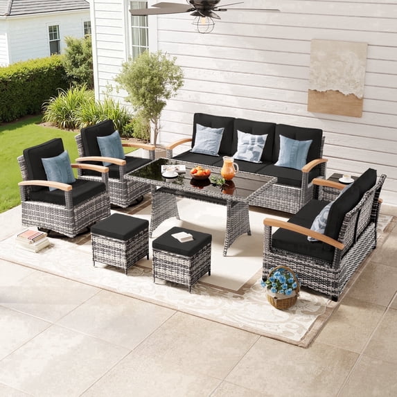 MEISSALIVVE 8 Pieces Patio Furniture Set with Dining Table, Outdoor Wicker Conversation Set with 3-Seat & 2-Seat Sofas, Wood Armrest Swivel Chairs, 2 Ottomans, Black