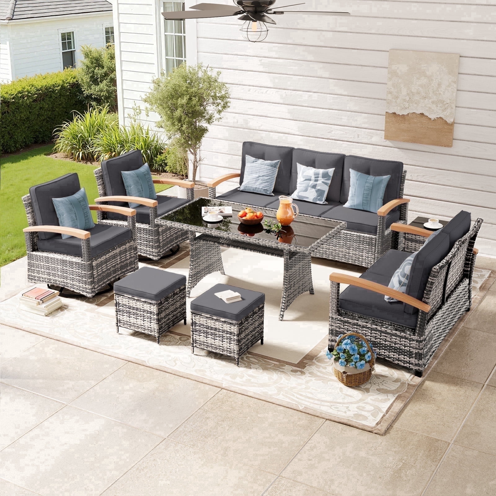 MEISSALIVVE 8 Pieces Patio Furniture Set with Dining Table, Outdoor Wicker Conversation Set with 3-Seat & 2-Seat Sofas, Wood Armrest Swivel Chairs, 2 Ottomans, Gray