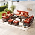 thumbnail image 1 of MEISSALIVVE 8 Pieces Patio Furniture Set with Dining Table, Outdoor Wicker Conversation Set with 3-Seat & 2-Seat Sofas, Wood Armrest Swivel Chairs, 2 Ottomans, Red, 1 of 10