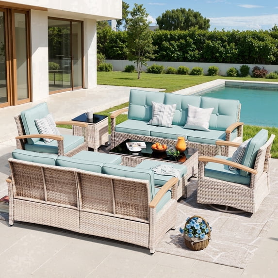 MEISSALIVVE 8 Pieces Patio Furniture Sets,Wicker Patio Conversation Sets with 2 Wood Armrests Swivel Glide Chairs, Outdoor Conversation Set for Deck Yard and Poolside (Blue)