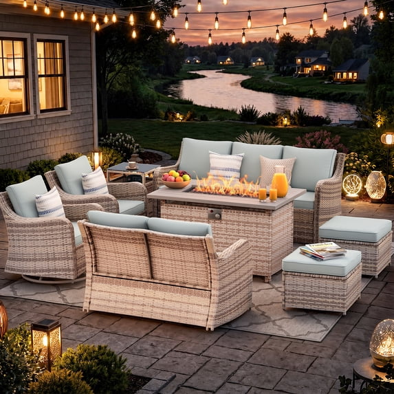 Divan Table MEISSALIVVE 8 Pieces Patio Set with Fire Pit Table, Wicker Conversation ...