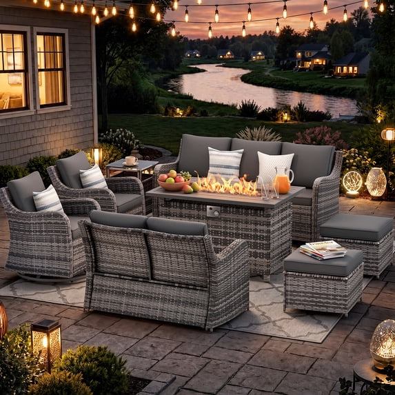 Divan Table MEISSALIVVE 8 Pieces Patio Set with Fire Pit Table, Wicker Conversation ...