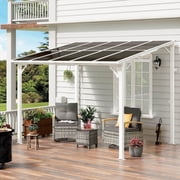 MEISSALIVVE 8 x 10 Hardtop Lean to Gazebo, Wall Mounted Pergola with Sloped Polycarbonate Roof, Outdoor Patio Shelter with Solar Lights for Backyard Deck Garden, White