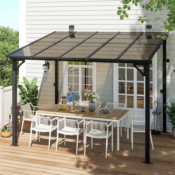 MEISSALIVVE 8' x 10' Hardtop Wall Mounted Gazebo Pergola, Lean-to Metal Awning with Sloped Roof, Outdoor Shelter for Patio, Deck, Backyard, Black