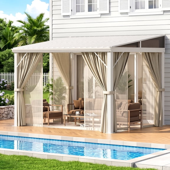 MEISSALIVVE 8' x 10' Lean‑to Hardtop Gazebo, Wall‑Mounted Galvanized Steel Sloped Roof Pergola with Privacy Curtains and Mosquito Netting, Outdoor Patio Shelter for Deck Backyard, White