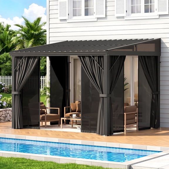 MEISSALIVVE 8' x 10' Lean‑to Hardtop Gazebo, Wall‑Mounted Galvanized Steel Sloped Roof Pergola with Privacy Curtains and Mosquito Netting, Outdoor Patio Shelter for Deck Backyard, Black