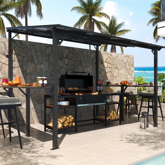 MEISSALIVVE 8' x 10' Wall Mounted Gazebo, Outdoor BBQ Grill Gazebo with Side Shelf, Lean to Metal Awnings with Sloped Roof, Heavy Duty Pergola for Backyard, Deck, Black