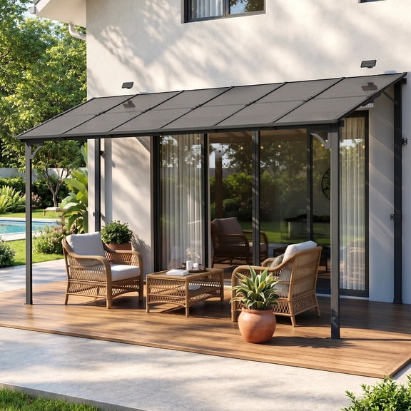 MEISSALIVVE 8' x 12' Hardtop Lean to Gazebo, Wall Mounted Pergola with Sloped Polycarbonate Roof, Outdoor Patio Shelter with Solar Lights for Backyard Deck Garden, Black