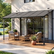 MEISSALIVVE 8 x 12 Hardtop Lean to Gazebo, Wall Mounted Pergola with Sloped Polycarbonate Roof, Outdoor Patio Shelter with Solar Lights for Backyard Deck Garden, Black