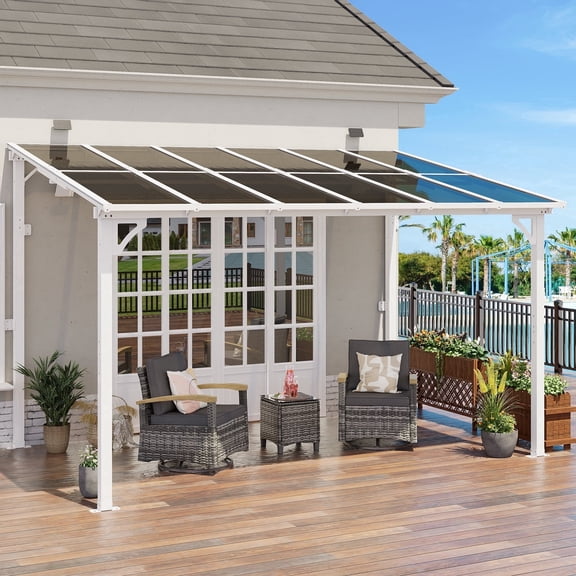 MEISSALIVVE 8' x 12' Hardtop Lean to Gazebo, Wall Mounted Pergola with Sloped Polycarbonate Roof, Outdoor Patio Shelter with Solar Lights for Backyard Deck Garden, White