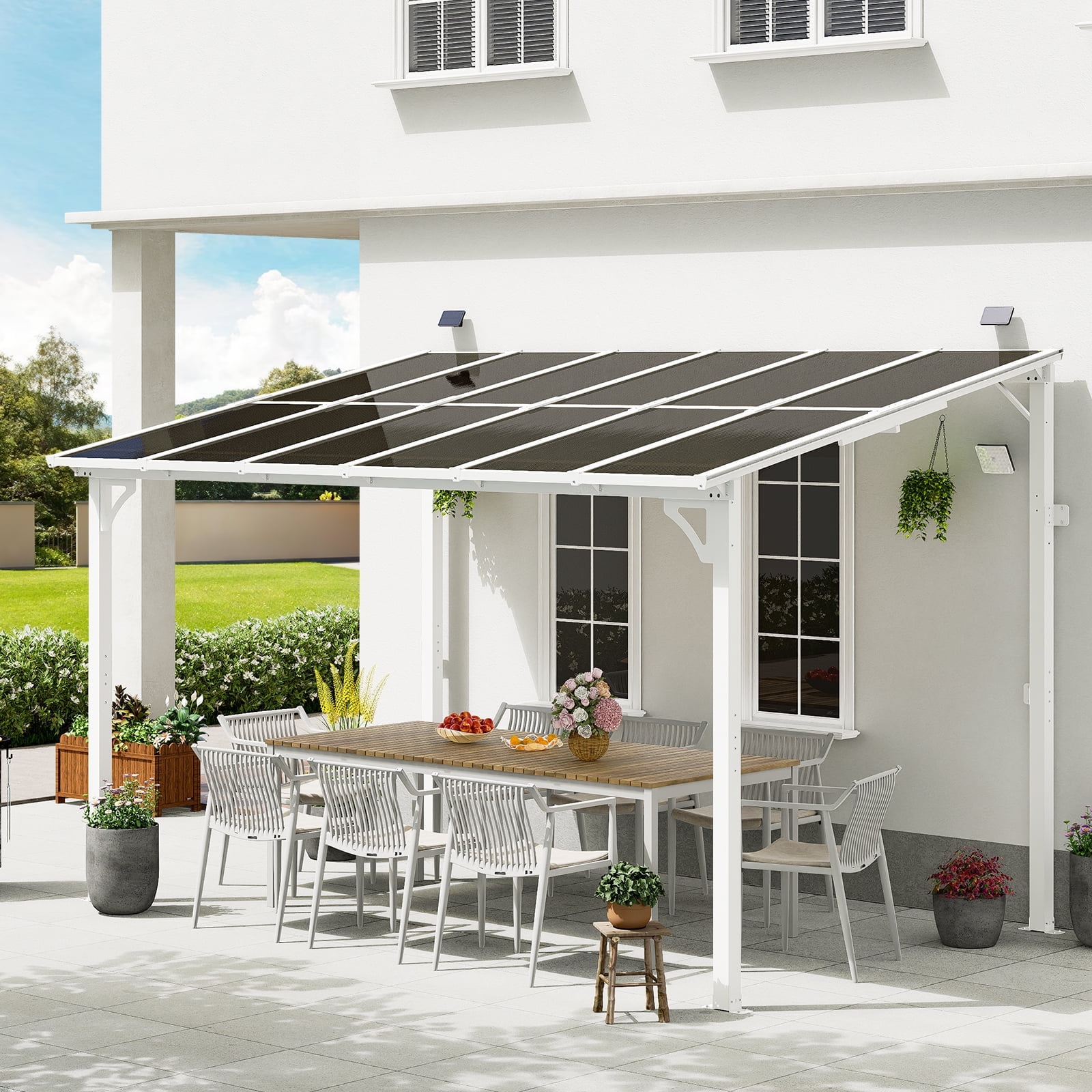 MEISSALIVVE 8' x 12' Hardtop Wall Mounted Gazebo Pergola, Lean-to