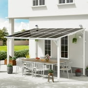 MEISSALIVVE 8' x 12' Hardtop Wall Mounted Gazebo Pergola, Lean-to Metal Awning with Sloped Roof, Outdoor Shelter for Patio, Deck, Backyard, White