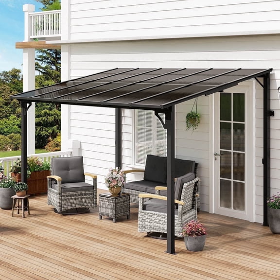 MEISSALIVVE 8' x 12' Lean-to Wall Mounted Hardtop Gazebo, Sloped Polycarbonate Roof Metal Outdoor Shelter, Awning for Patio Deck Backyard, Black
