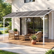 MEISSALIVVE 8 x 12 Hardtop Lean to Gazebo, Wall Mounted Pergola with Sloped Polycarbonate Roof, Outdoor Patio Shelter with Solar Lights for Backyard Deck Garden, White