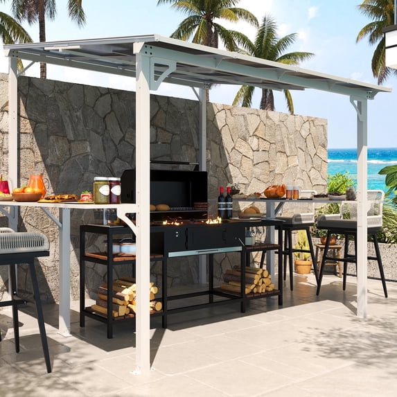 MEISSALIVVE 8' x 8' Wall Mounted Gazebo, Outdoor BBQ Grill Gazebo with Side Shelf, Lean to Metal Awnings with Sloped Roof, Heavy Duty Pergola for Backyard, Deck, White