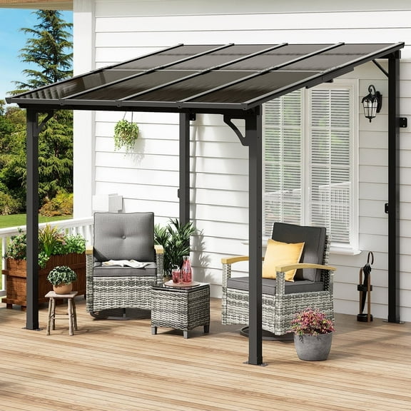 MEISSALIVVE 8' x 8' Hardtop Wall Mounted Gazebo Pergola, Lean-to Metal Awning with Sloped Roof, Outdoor Shelter for Patio, Deck, Backyard, Black