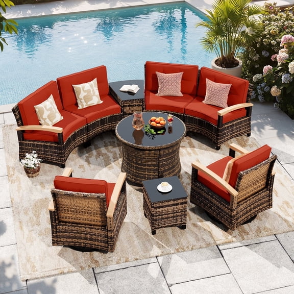 MEISSALIVVE 9-Piece Half-Moon Curved Outdoor Patio Furniture Set, Sectional Conversation Sofa with 2 Swivel Glide Chairs, Round Coffee Table for Backyard Deck Garden, Red
