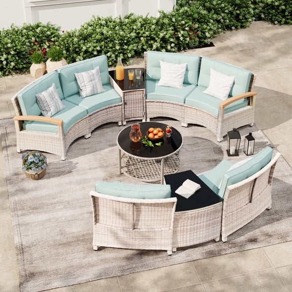 MEISSALIVVE 9-Piece Half-Moon Curved Outdoor Patio Furniture Set, Sectional Conversation Sofa with Wood Armrests, Coffee & Side Tables for Backyard Deck Garden, Blue