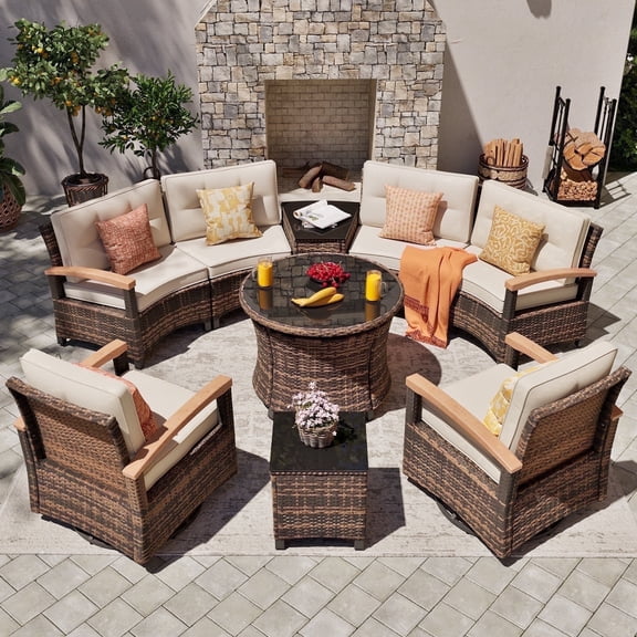 MEISSALIVVE 9-Piece Outdoor Patio Furniture Set, Half-Moon Curved Rattan, 2 Wood Armrest Swivel Chairs, Round Coffee Table & Side Tables(Beige)