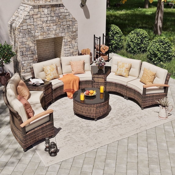MEISSALIVVE 9 Piece Outdoor Patio Furniture Set, Half-Moon Curved Sofa Rattan Conversation Set with Wood Armrests, Coffee Table & Side Table(Beige)