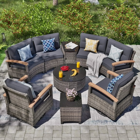 MEISSALIVVE 9-Piece Outdoor Patio Furniture Set, Half-Moon Curved Rattan, 2 Wood Armrest Swivel Chairs, Round Coffee Table & Side Tables(Gray)