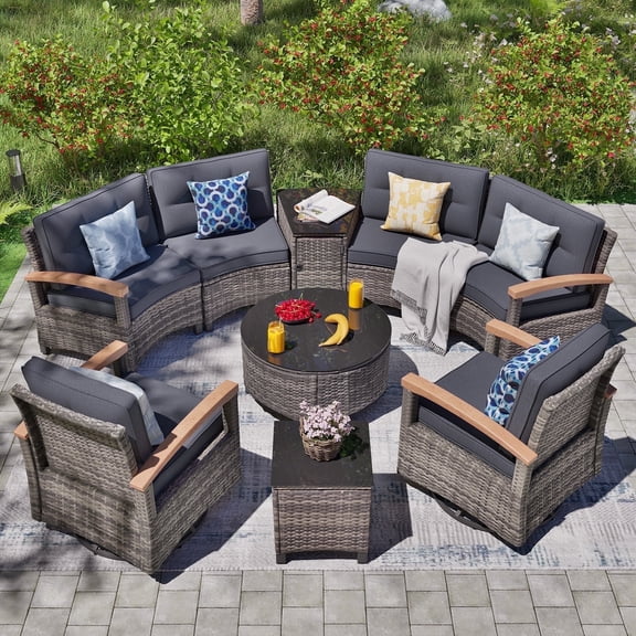 MEISSALIVVE 9-Piece Outdoor Patio Furniture Set, Half-Moon Curved Rattan, 2 Wood Armrest Swivel Chairs, Round Coffee Table & Side Tables(Gray)