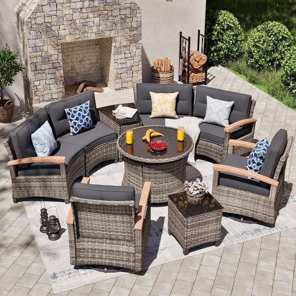 MEISSALIVVE 9-Piece Outdoor Patio Furniture Set, Half-Moon Curved Rattan, 2 Wood Armrest Swivel Chairs, Round Coffee Table & Side Tables(Gray)