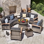 MEISSALIVVE 9-Piece Outdoor Patio Furniture Set, Half-Moon Curved Rattan, 2 Wood Armrest Swivel Chairs, Round Coffee Table & Side TablesGray